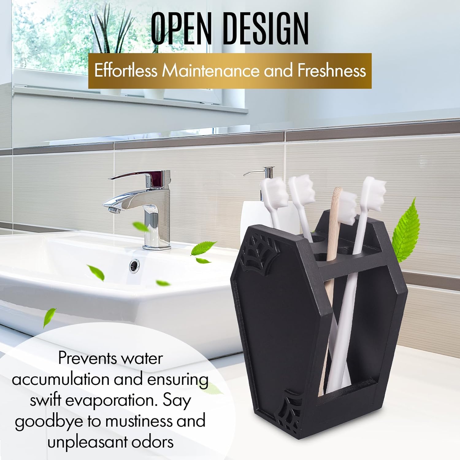 Gothic Black Wooden Coffin Toothbrush Holder for Kids and Adults, 6.5 Inch Capacity - Image 4