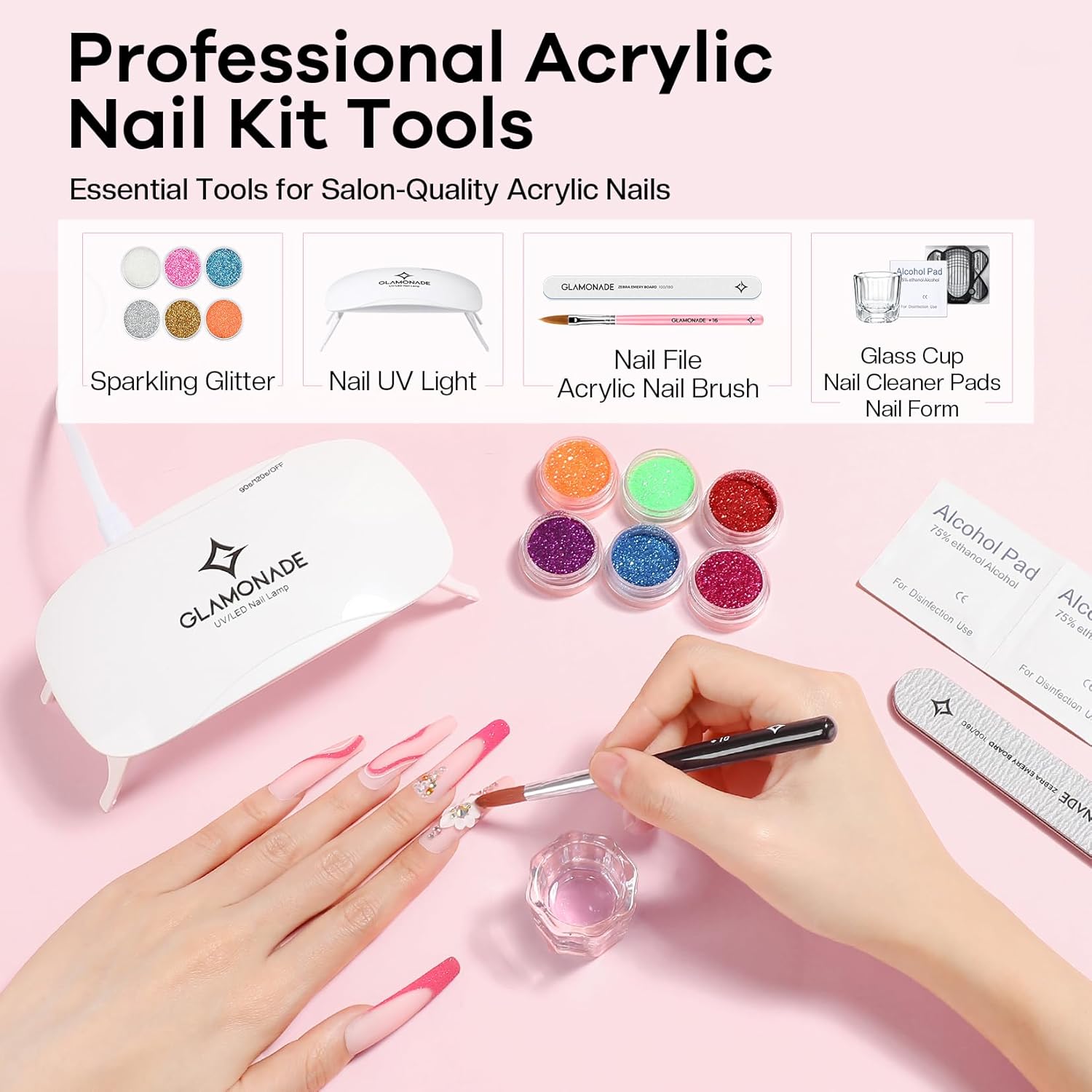 Beginner Acrylic Nail Kit with Clear Pink Powder, UV Lamp, and Glitter for Home Use - Image 7
