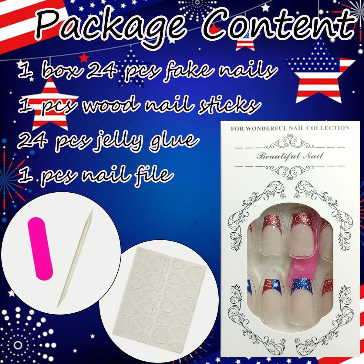 24Pcs Medium Square French Tip Press on Nails with Glitter for 4th of July Theme - Image 4