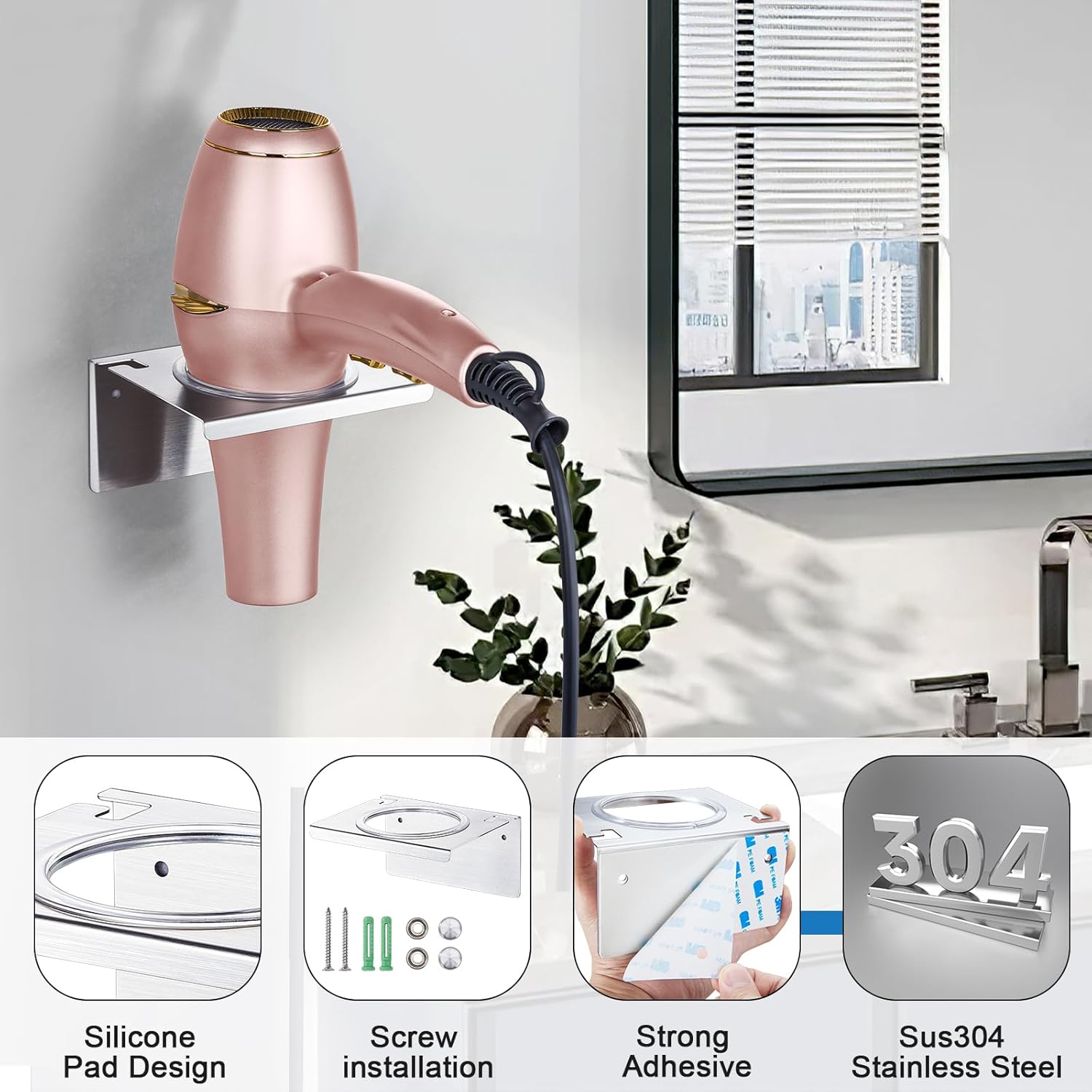 Stainless Steel Wall Mount Adhesive Hair Dryer Holder Organizer for Bathroom & Barber Shops - Image 3