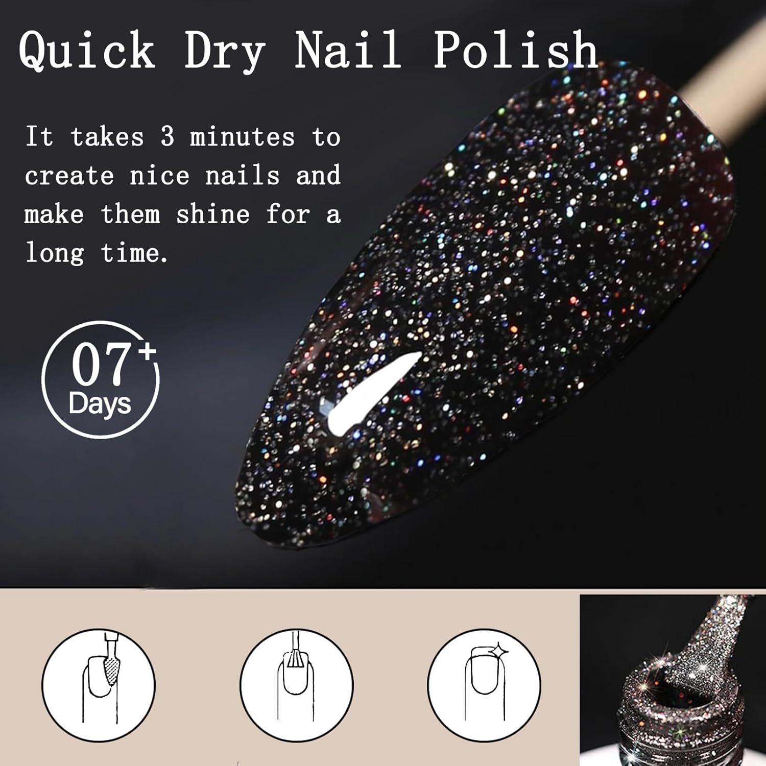 Sparkling Black Glitter Rapid Dry Gel Nail Polish for Women and Girls, No UV Lamp Required - Image 5