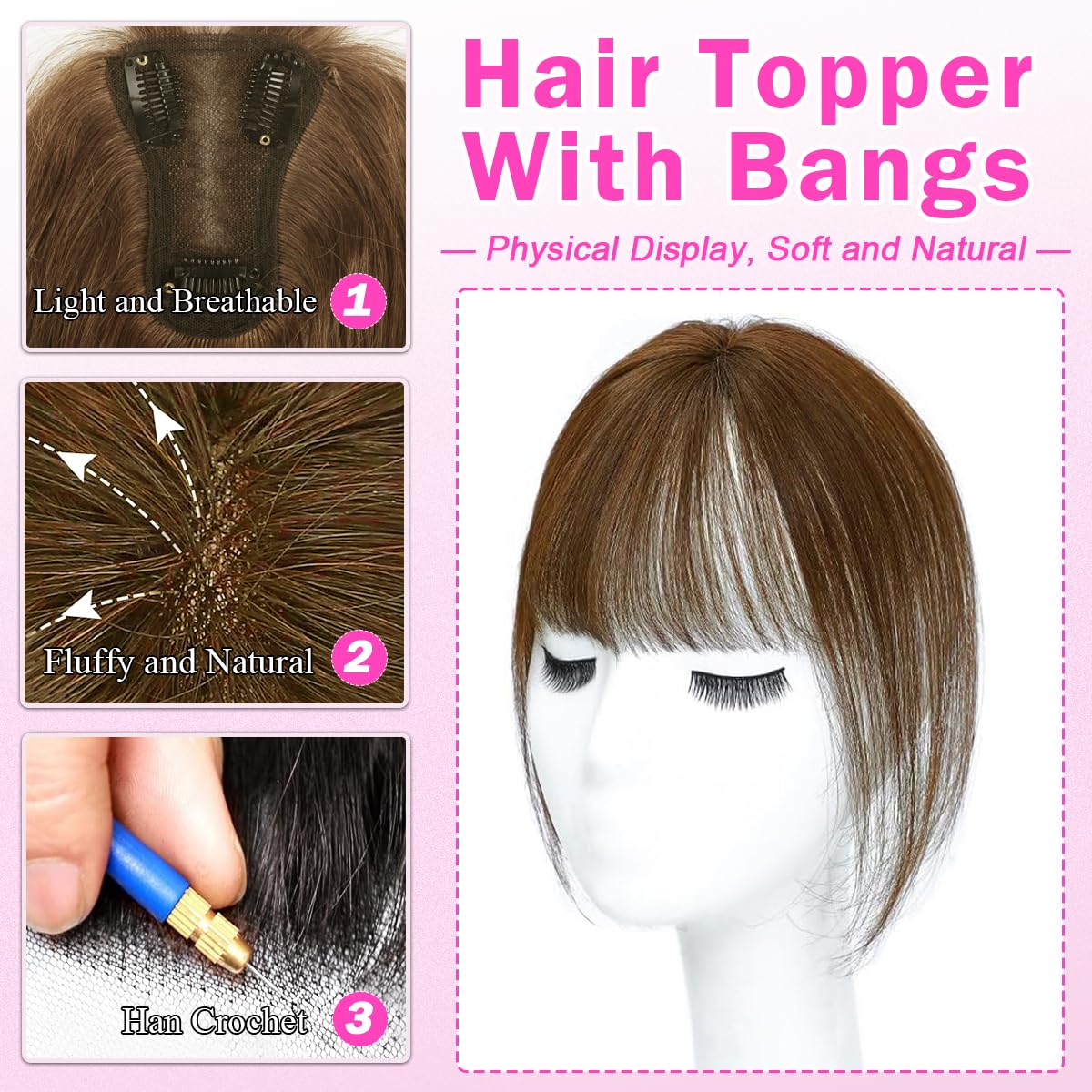 Light Brown 12 Inch Real Human Hair Topper with 360° Coverage and Clip-in Bangs - Image 2