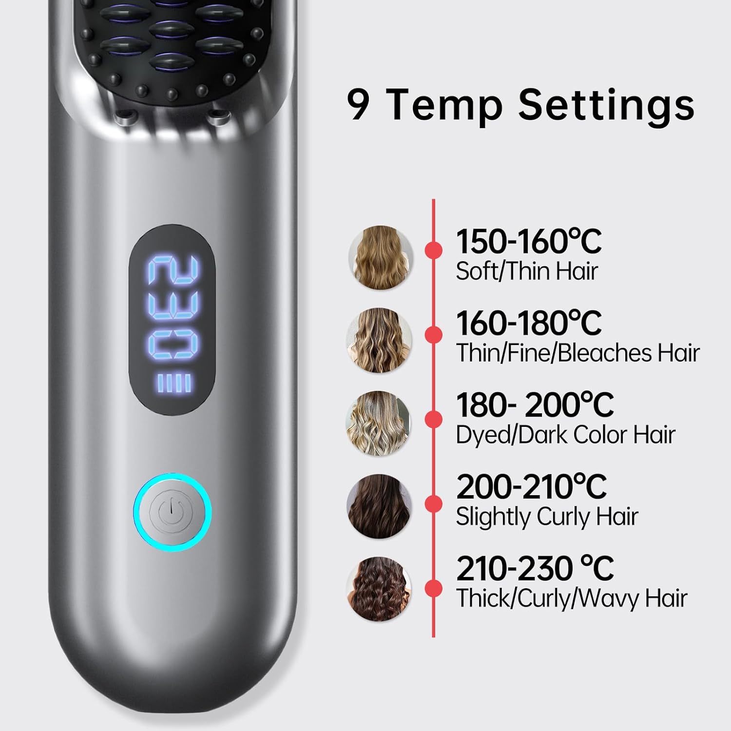 Cordless Hair Straightener Brush Metallic Grey 9 Temp Settings 9600mAh Battery Mini Travel - Image 7