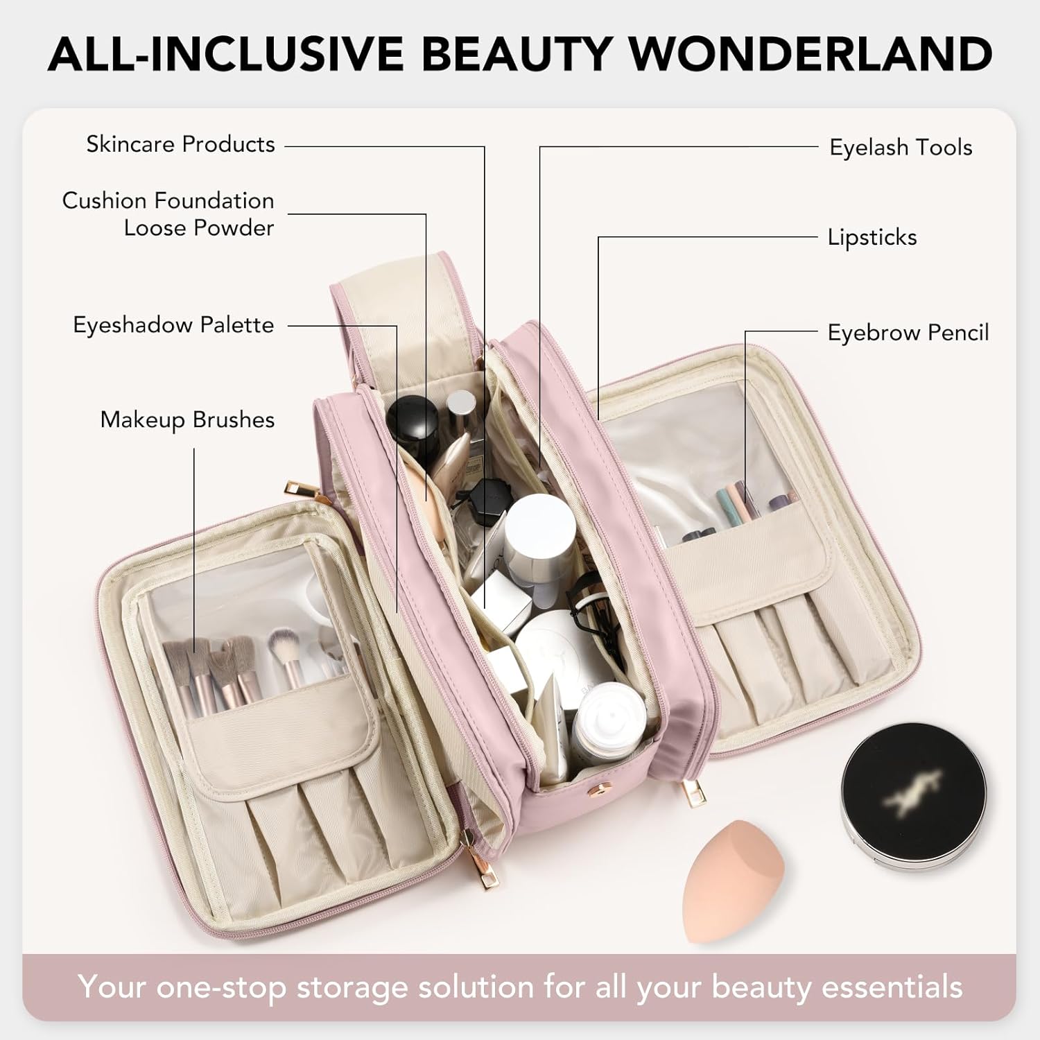 Large Capacity Pink Waterproof Travel Makeup Bag with Vertical Brush Holder - Image 2