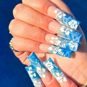 24 Pcs Blue Flowers Spuare Press on Nails Long Coffin - SHANRUN French Ballerina Fake Nails Press ons Nail Art Tip Glue on Nails Full Cover Acrylic False Nails with Ombre White Flower Design for Women