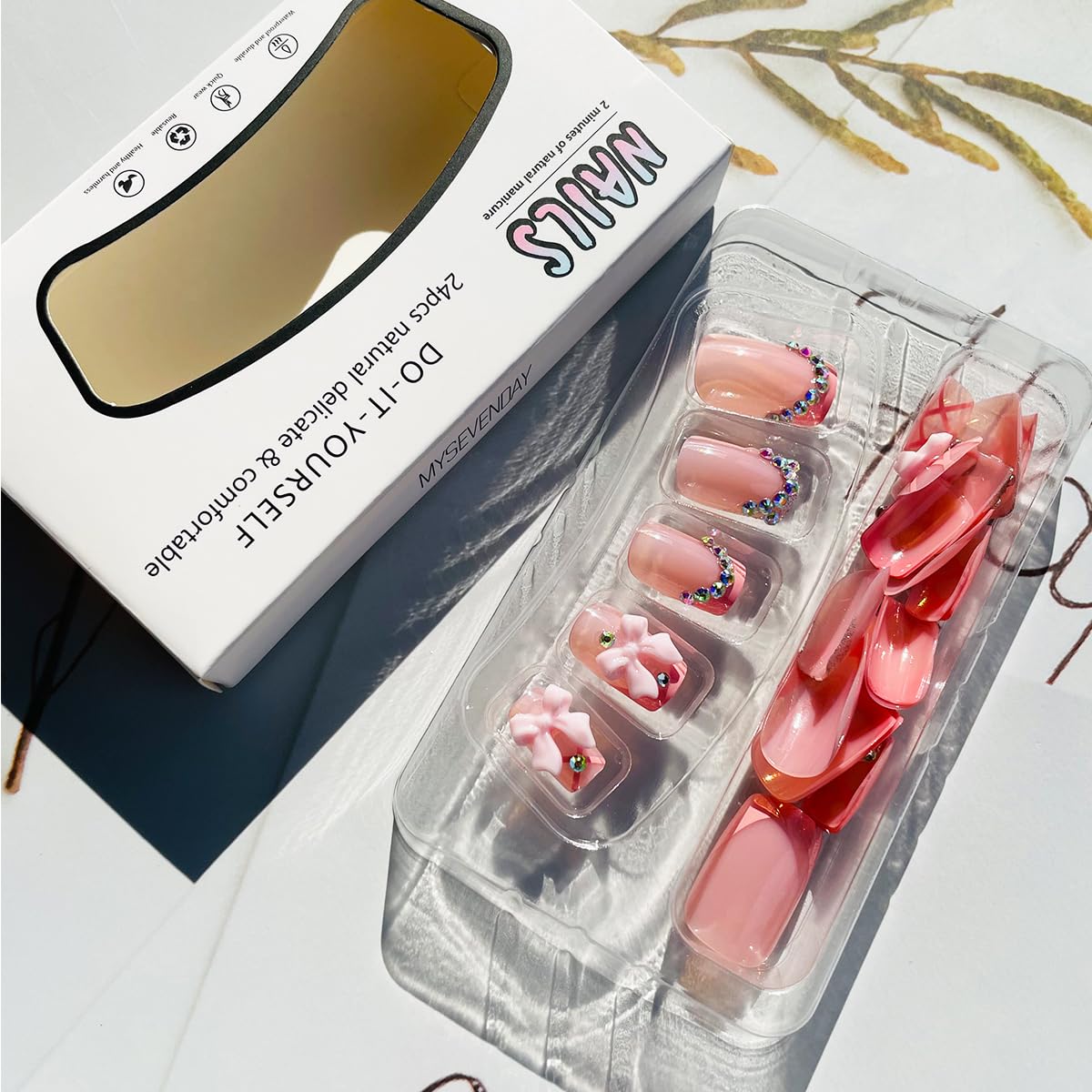 24 Piece Set Short Square Pink French Tip Press On Nails with Rhinestone Charms for Women Girls - Image 4