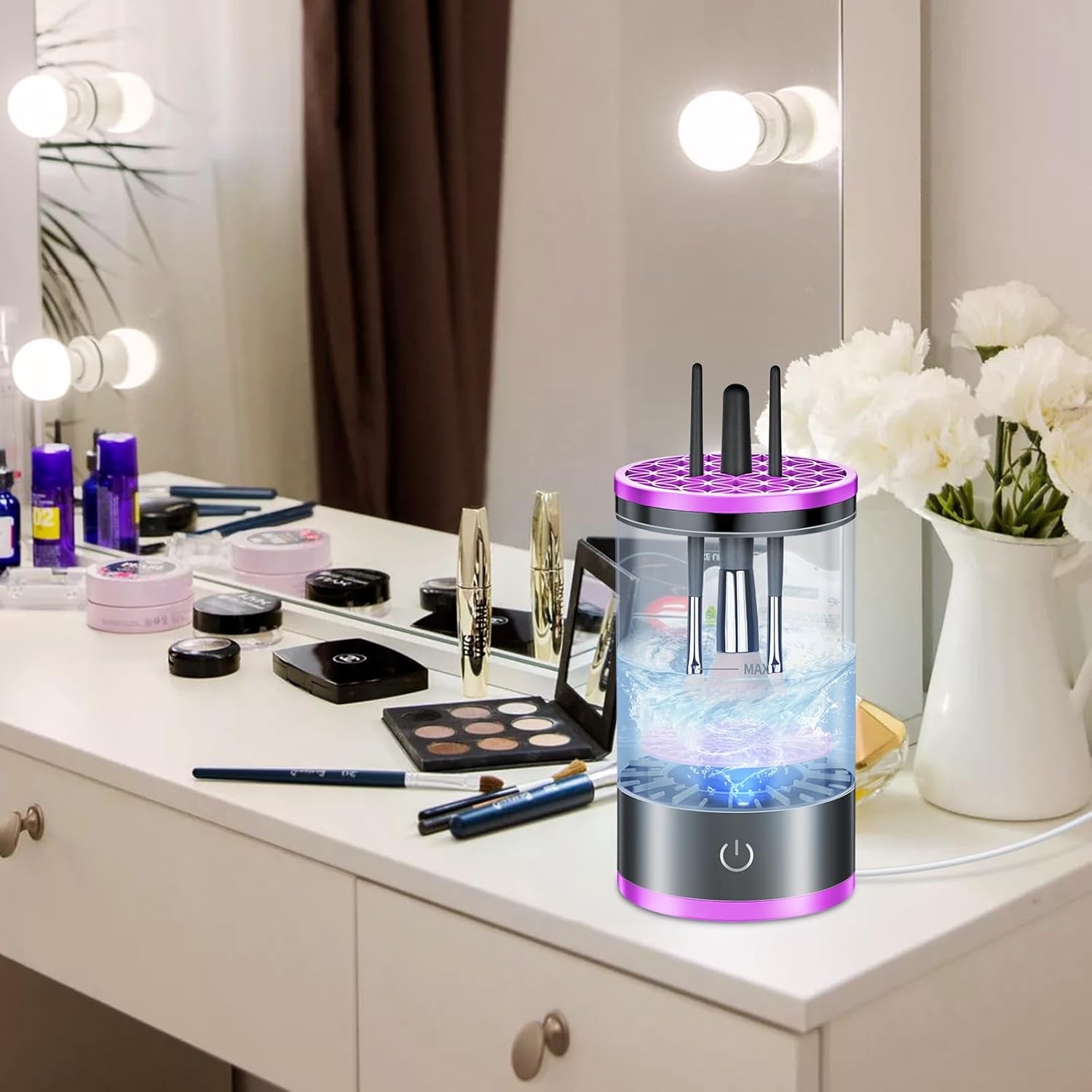 Electric Makeup Brush Cleaner Machine for Deep Cleaning All Brush Types, Portable Design - Purple - Image 8