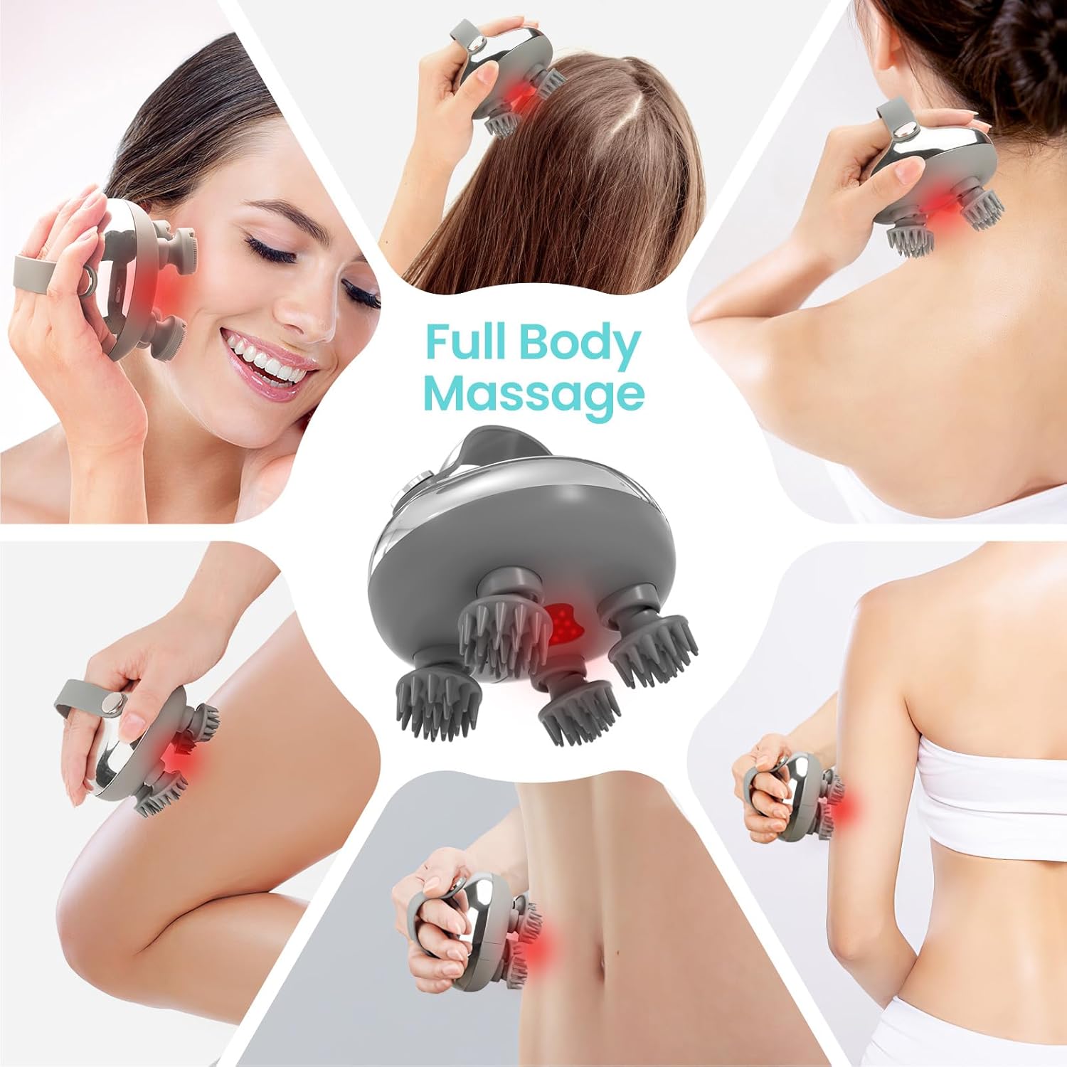 Rechargeable Portable Electric Scalp Massager Silver Waterproof Heated 100 Kneading Nodes 3 Speed Modes - Image 4