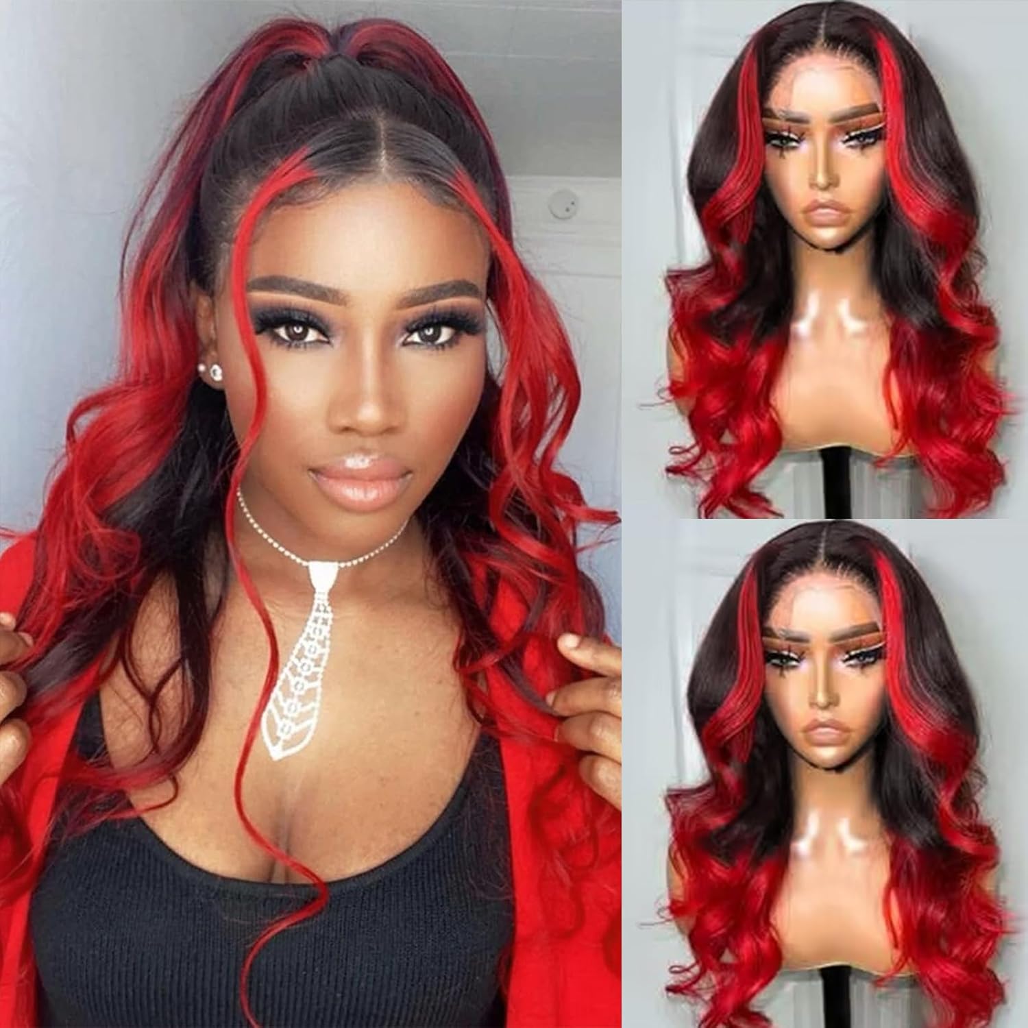Goldfinch Ombre Red 13x4 Lace Front Wigs Human Hair Body Wave 1B/Red Skunk Stripe Lace Frontal Wigs Pre Plucked Hairline Red and Black Highlight HD Lace Wigs With Streaks Colored 150% Densty 18 Inch