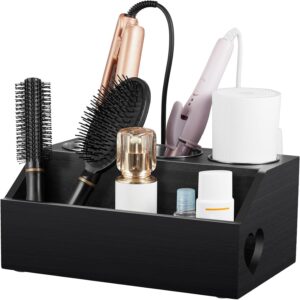 Hair Tool Organizer, Wooden Hair Dryer Holder Wall Mount, Countertop Hot Tools Organizer for Hair Styling Accessories, Bathroom Supplies Vanity Caddy for Curling Wand, Blow Dryer, Black