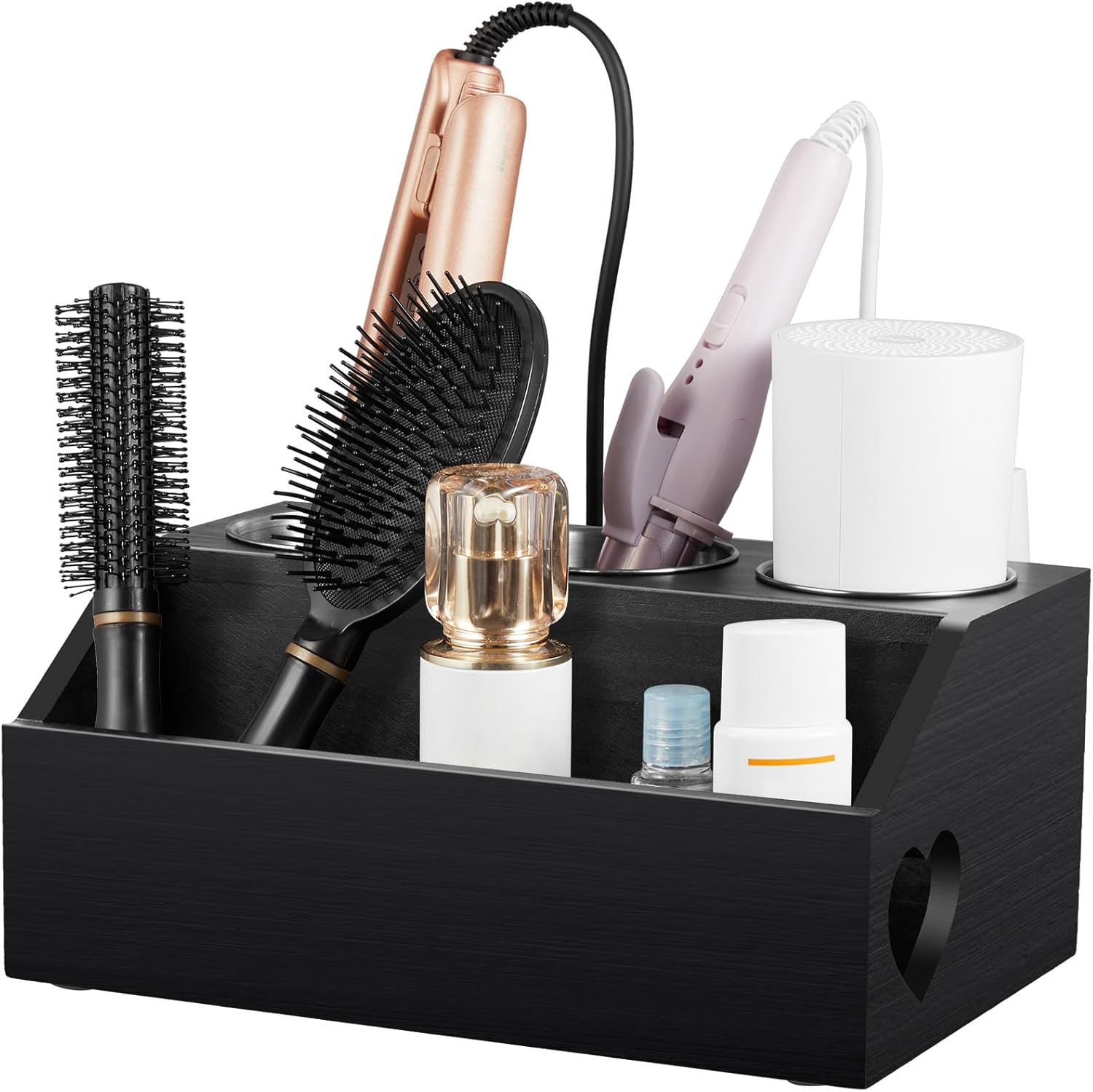 Hair Tool Organizer, Wooden Hair Dryer Holder Wall Mount, Countertop Hot Tools Organizer for Hair Styling Accessories, Bathroom Supplies Vanity Caddy for Curling Wand, Blow Dryer, Black