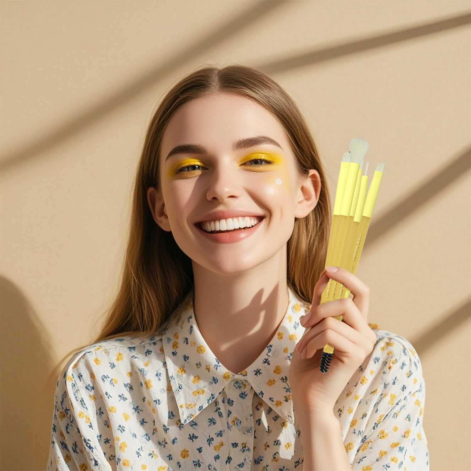 5pc Yellow Eye Makeup Brush Set Soft Fiber Rubber Handles - Image 7