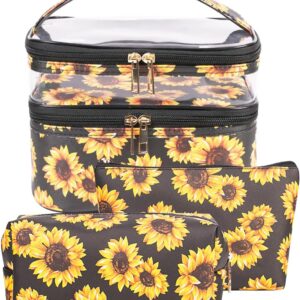 FITINI 3 Pieces Sunflower Makeup Bags Double Layer Travel Large Cosmetic Cases Organizer Toiletry Bags Waterproof Small Zipper Pouch for Women Makeup Brush Storage Bag