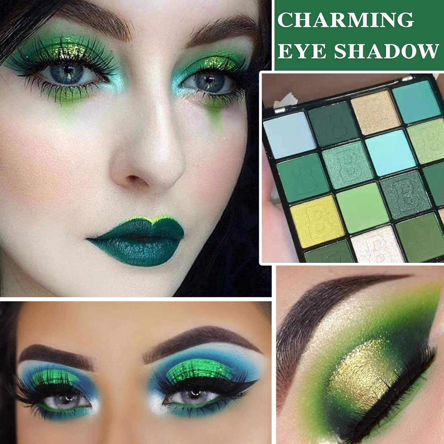 16-Color Green Shimmer Eyeshadow Palette Waterproof Matte Metallic Makeup Powder Set - Image 2