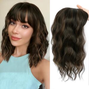 Hair Toppers for Women with Thining hair, 360° 3D Hair Topper Pieces for Women Synthetic Curly Wavy Wispy Clip in Bangs (Dark Brown Mixed Chestnut)