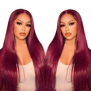 99j Burgundy Lace Front Wigs Human Hair 28 Inch 13x6 HD Straight Glueless Lace Frontal Wigs Human Hair Wigs for Women Pre Plucked with Baby Hair Wine Red Wigs Human Hair Reddish Brown