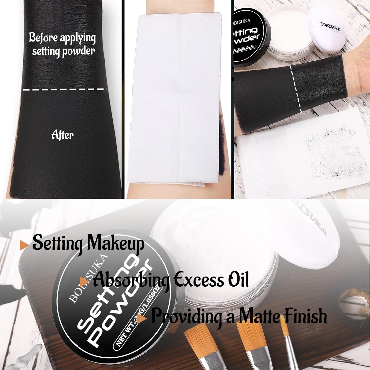 BOBISUKA Black White Face Body Paint Kit with Setting Powder 3 Brushes Adult Size - Image 6