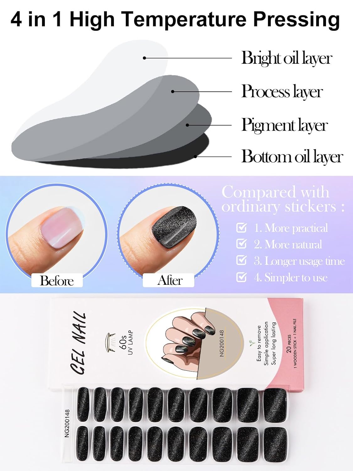 Kalolary Cat Eye Black Gel Nail Wraps Full Art Polish Sticker Long-Lasting - Image 4