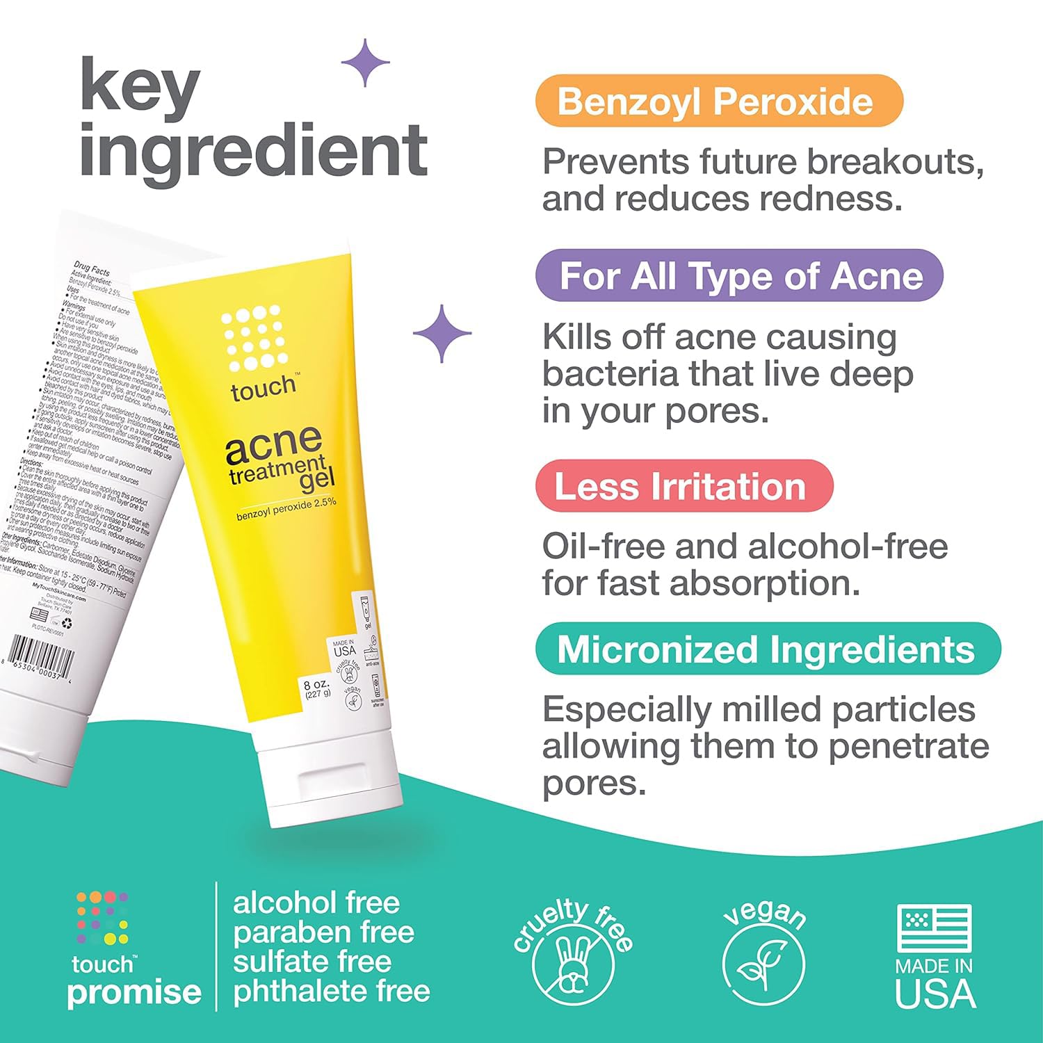 Touch Benzoyl Peroxide 2.5% Gel Cream for Acne Treatment - 8 oz Clear Lightweight Formula for Adults and Teens - Image 3