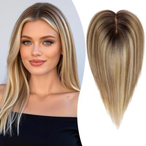 EMMOR Human Hair Toppers for Women with Thinning Hair 12inch Skin Scalp 5"×6" Big Base Cover Hair Loss Top Hairpieces Wiglets(Ombre Blonde with Highlight)