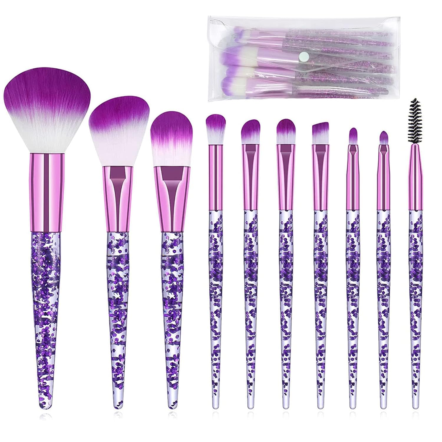 Makeup Brush Set 10 PCS Stylish Glitter Handle Makeup Brushes Professional Face Powder Foundation Blending Blush Eye Shadow Eyeliner Lip Cosmetic Brushes With Transparent bag(Purple)
