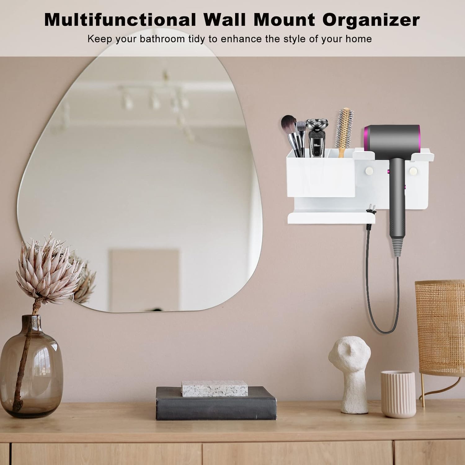 SHAIDOJIO Aluminum Alloy Wall Mount Blow Dryer Holder with Plug Hook organizer - Image 7