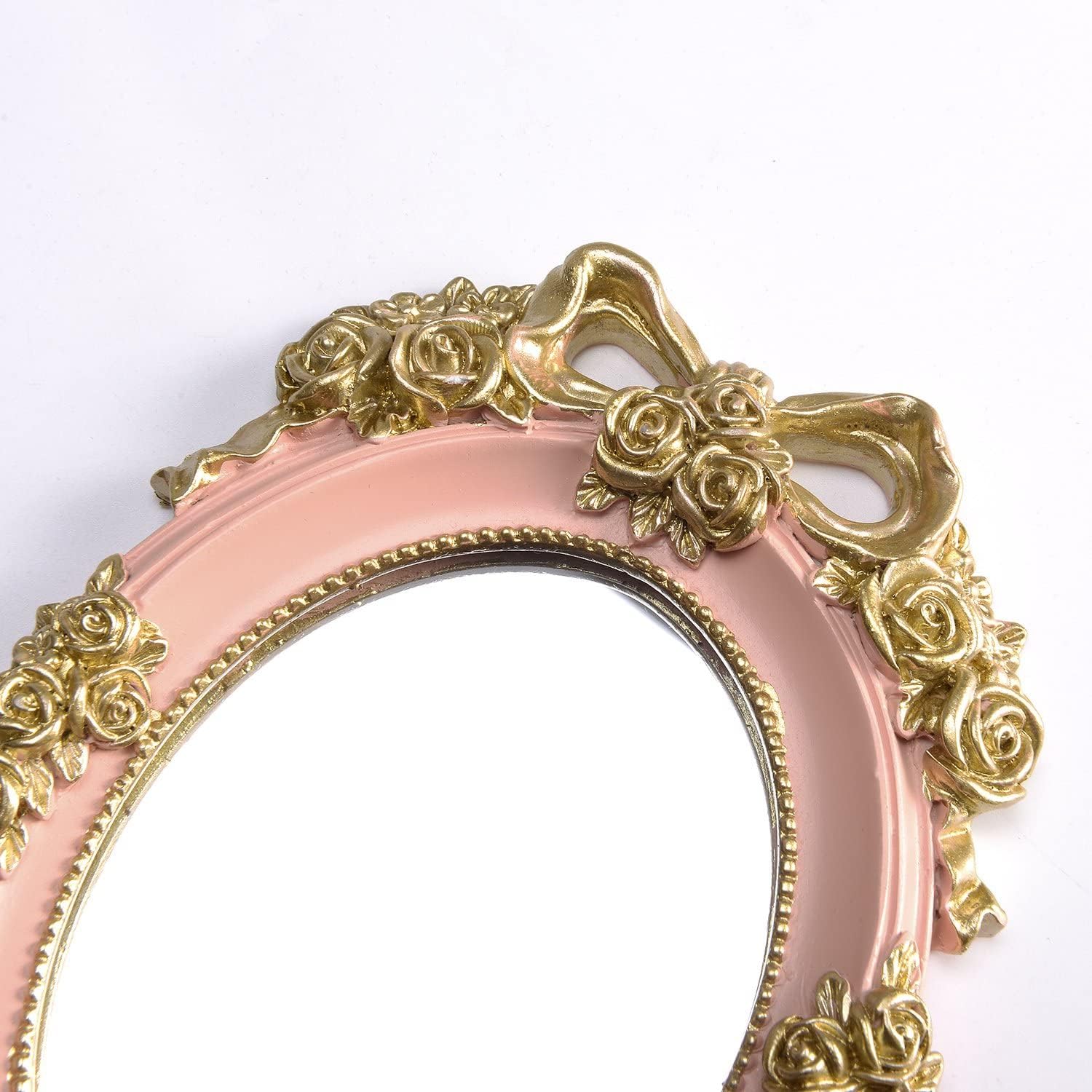 Nerien Pink Oval Handheld Makeup Mirror Decorative Rose Design - Image 3