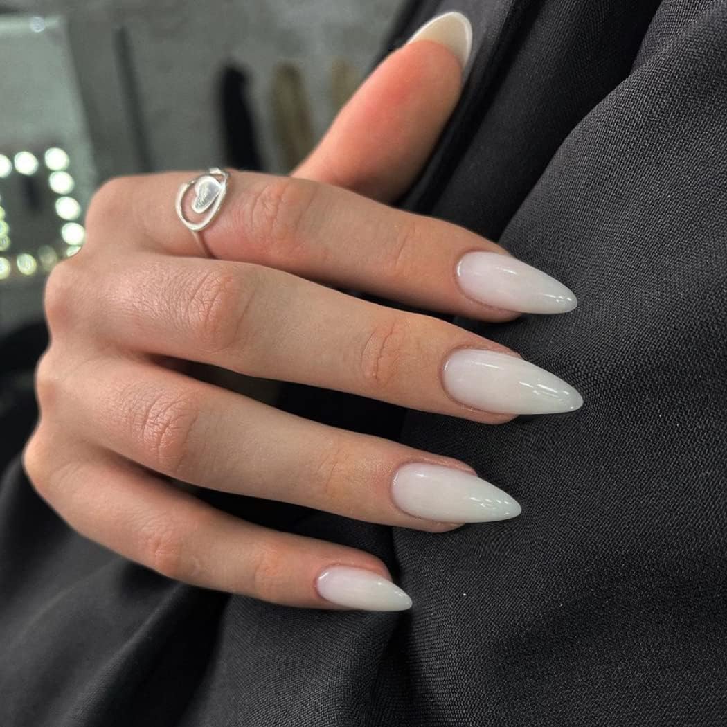 Medium Length White Almond Shaped Press on Nails 48 Pcs Reusable Acrylic - Image 3