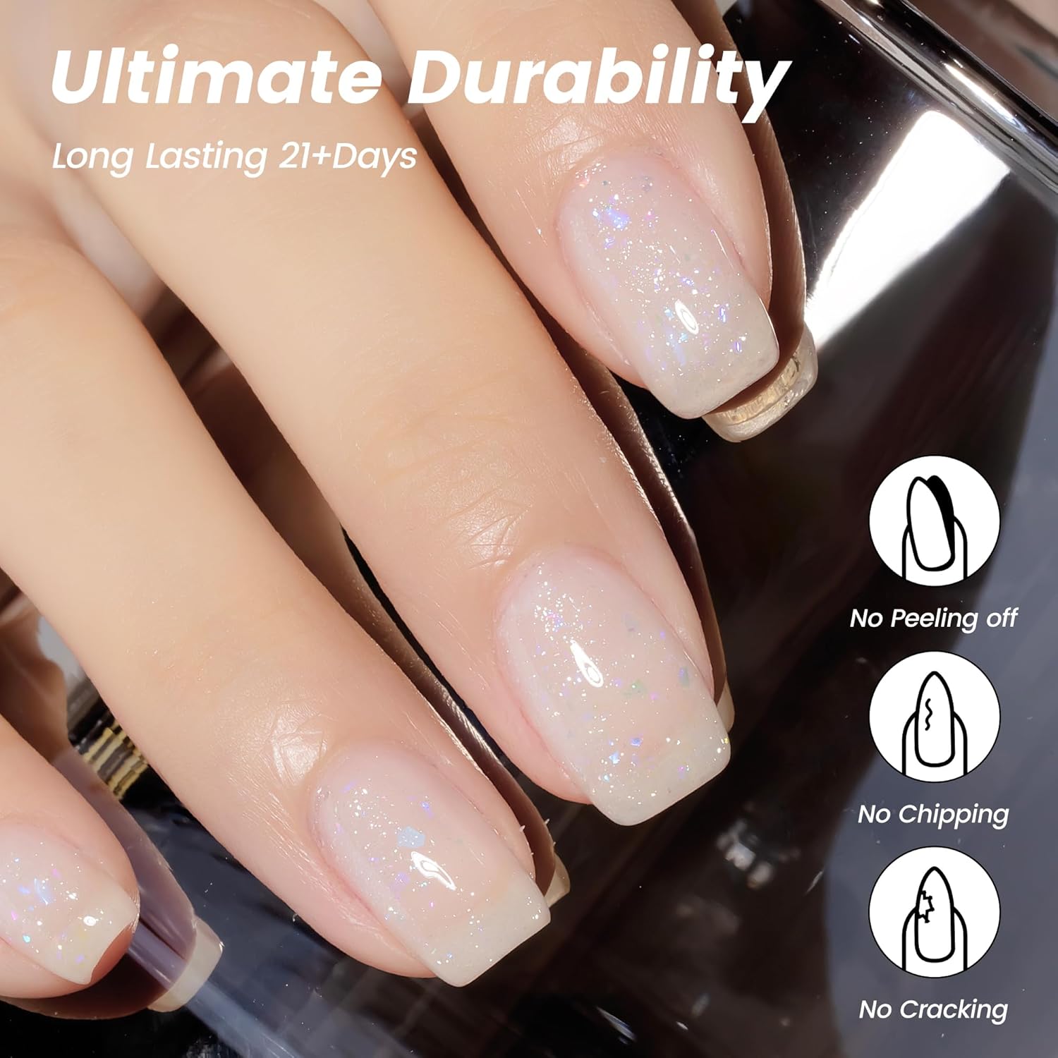 Likomey 15ml Milky White Shimmer Gel Nail Polish with Holographic Sparkly Flakes - Image 2