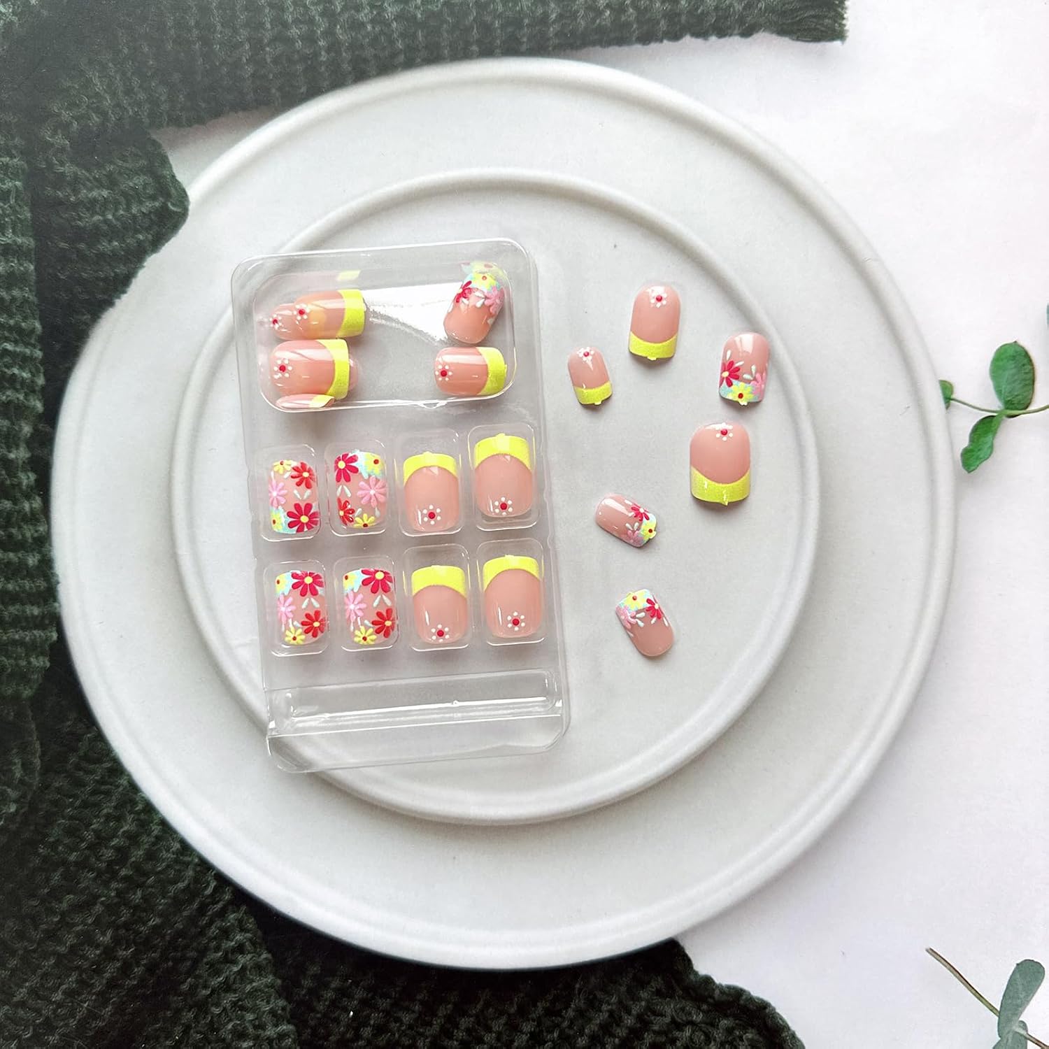 Matte Light Yellow Short Square French Tip Press on Nails Full Cover with Colorful Floral Design for Women - Image 5