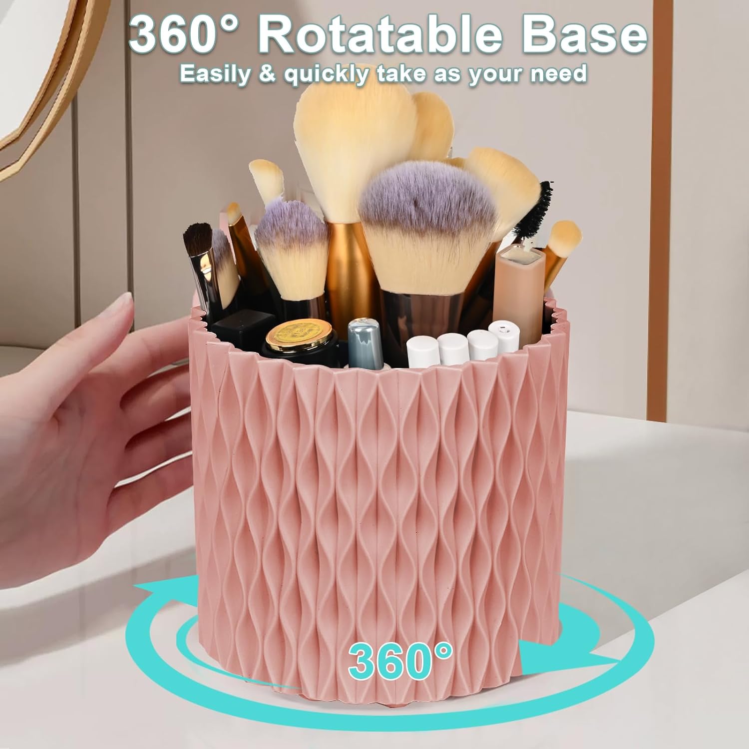 Pink 360 Rotating Makeup Brush Holder, 5 Slots, Vanity Organizer, Classic Style - Image 4