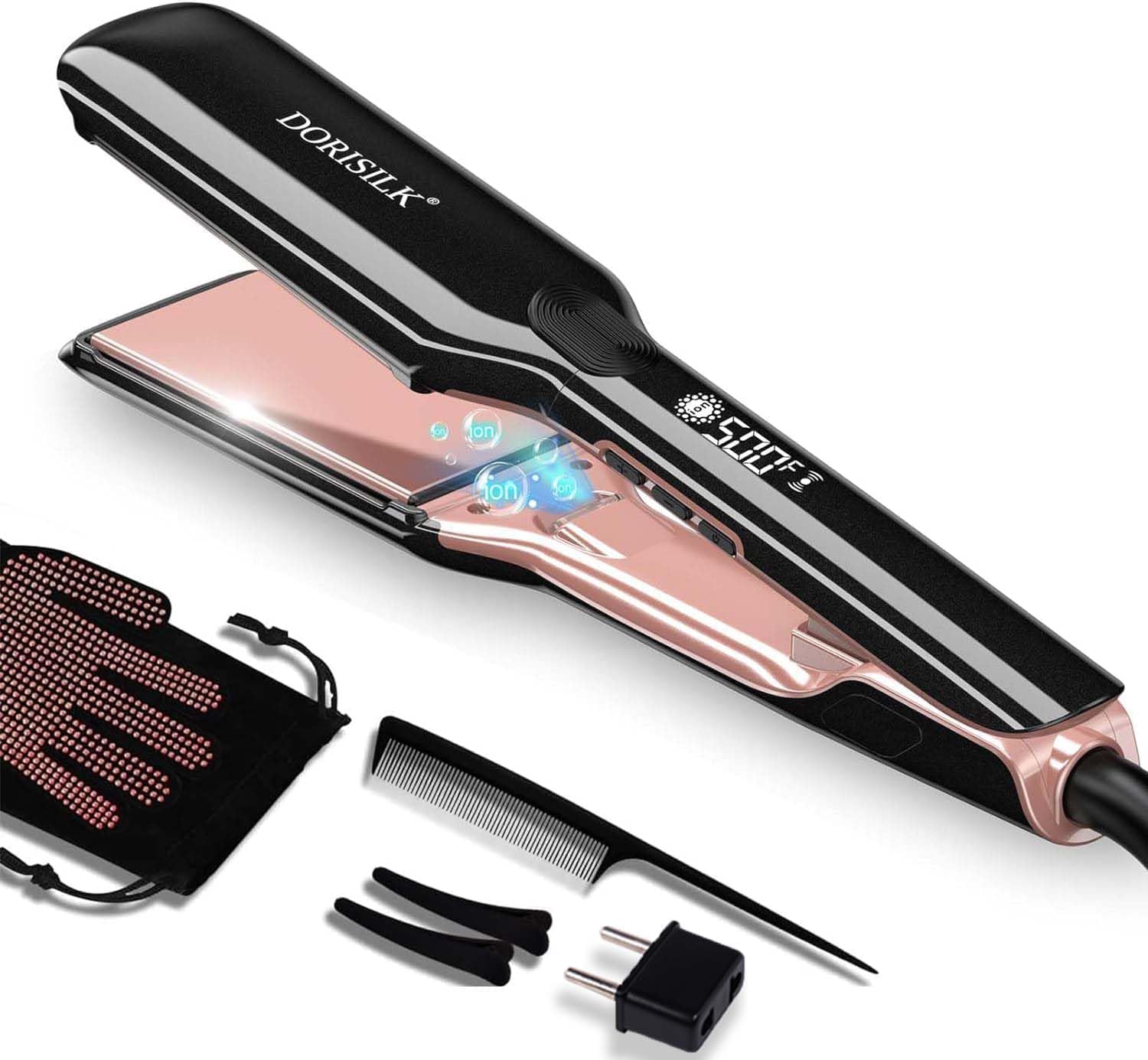 DORISILK 500 Degree High Temp Professional Hair Straightenr , Ceramic Wide Flat Iron ,2 in 1 Hair Straightener and Curler,Plasma Flat Iron Get Frizz-Free and Shiny 500FW1