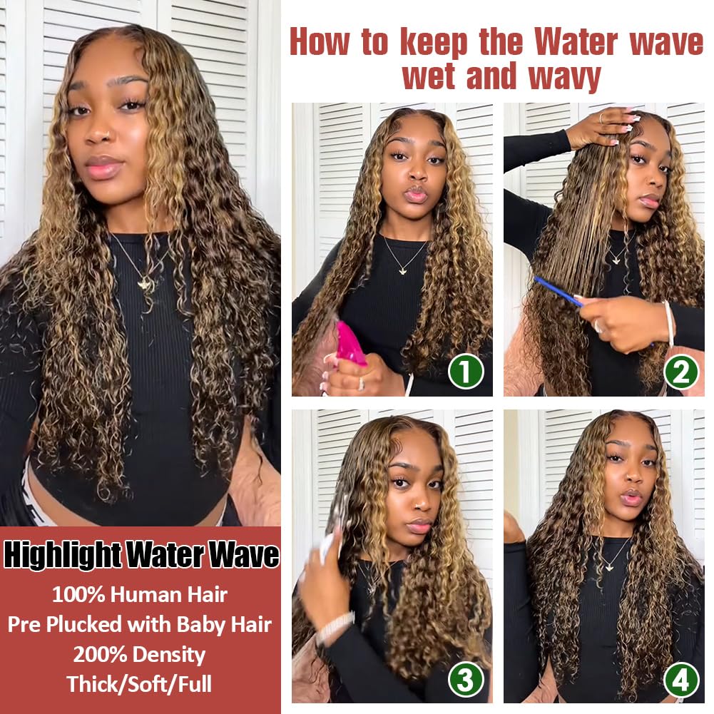 Azibo 26" Honey Blonde Water Wave Ombre 4/27 Highlights HD Lace Front Human Hair Wig 200 Density - Image 5
