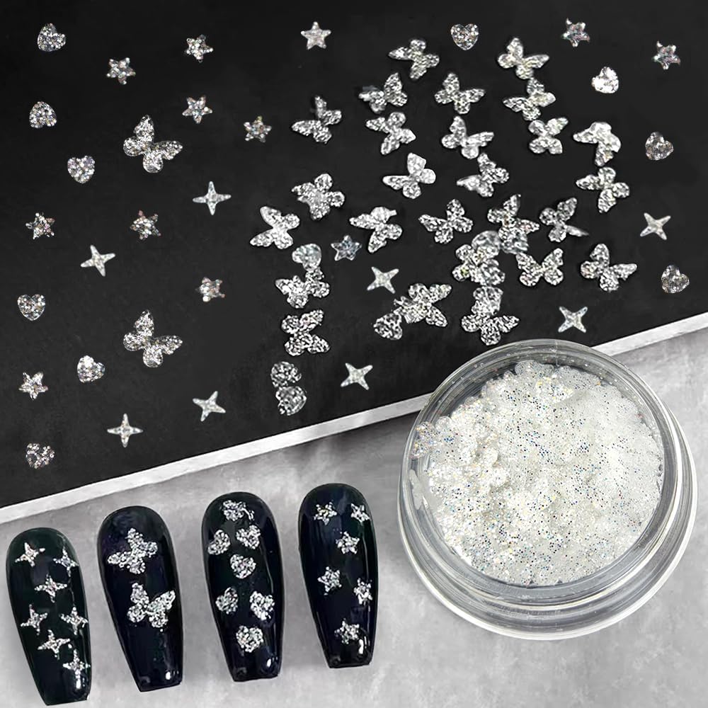 4 Boxes of 3D Chunky Glitter Nail Art Charms Stars Hearts Butterflies Holographic - Image 8