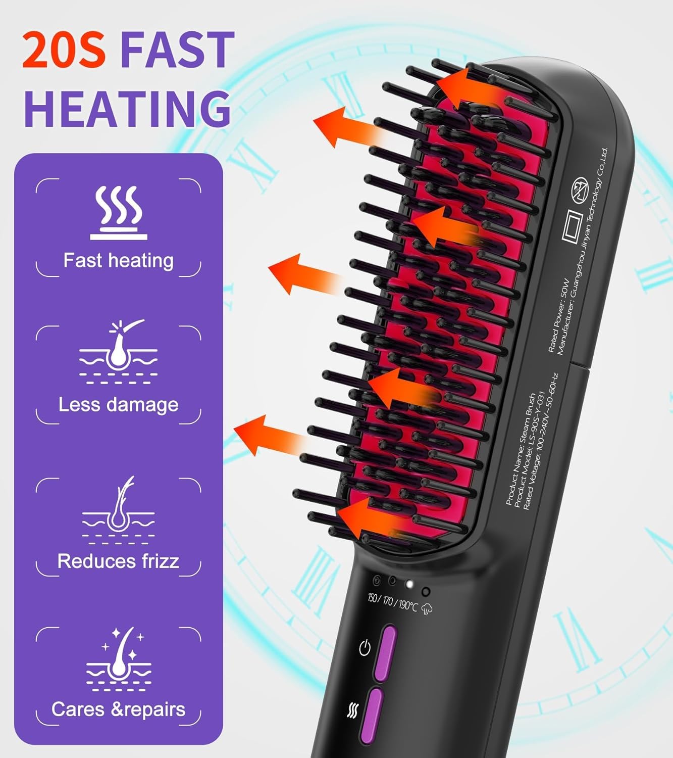 Ionic Steam Hair Straightener Brush for Smooth, Anti-Frizz Hair, Fast Heating, Ceramic Comb - Image 4