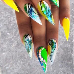 Marble Press on Nails Medium Almond Glossy Green Gradient Acrylic False Nails 24Pcs Rhinestones Fake Nails Gel Glue on Nails for DIY Manicure Stick on Nails for Coquette Women Girls Curve Line Design
