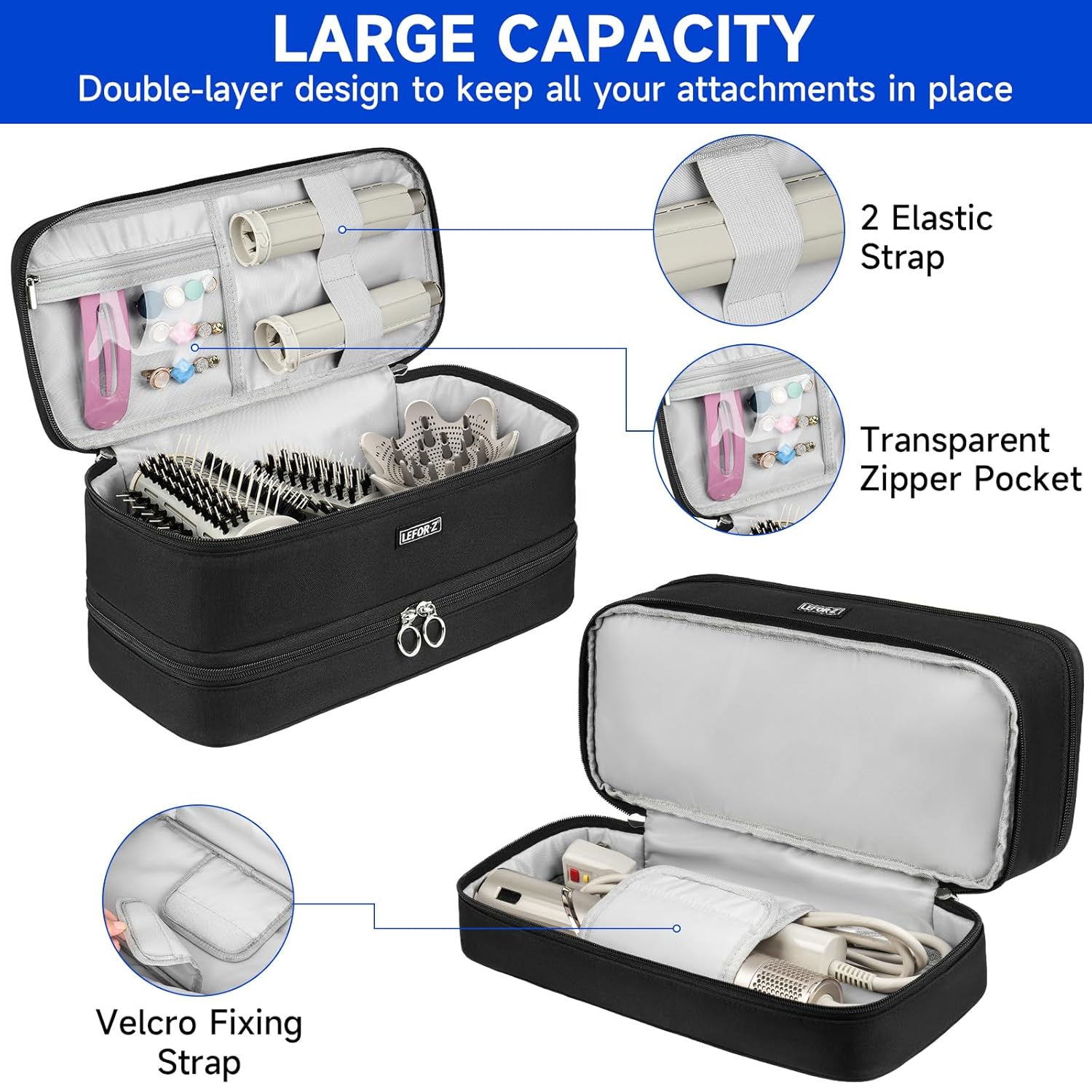 Black Double-Layer Travel Carrying Case for Shark Flexstyle and Dyson Airwrap Hair Dryers - Image 3