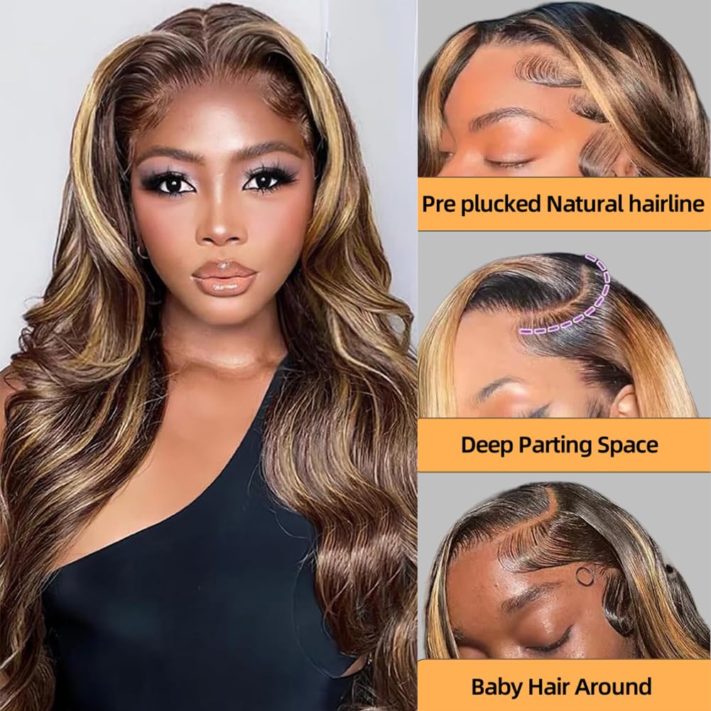 28 Inch Honey Blonde Ombre Body Wave Human Hair Wig 200 Density 13x6 HD Lace Front - Image 2