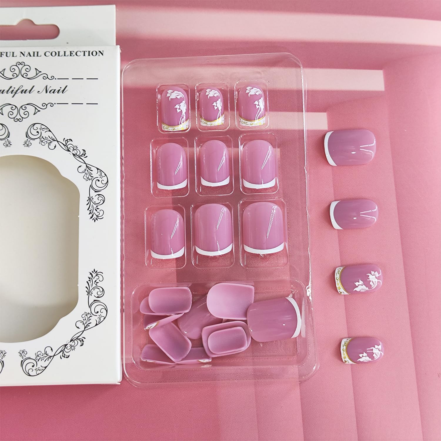 Reusable White French Tip Press on Nails with Butterfly Glitter Short Square 24 Pcs - Image 7
