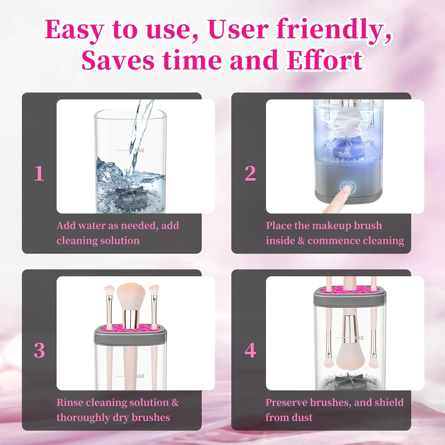 Automatic Electric Makeup Brush Cleaner Machine Gray Pink for All Brush Types - Image 6