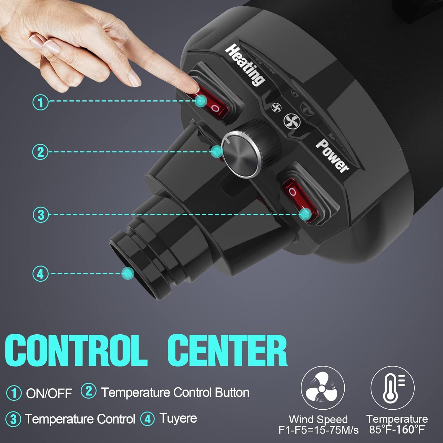 4.5HP Pet Grooming Hair Dryer with Adjustable Speed, Heat Control, 4 Nozzles, Comb, Towel, Glove - Black - Image 5