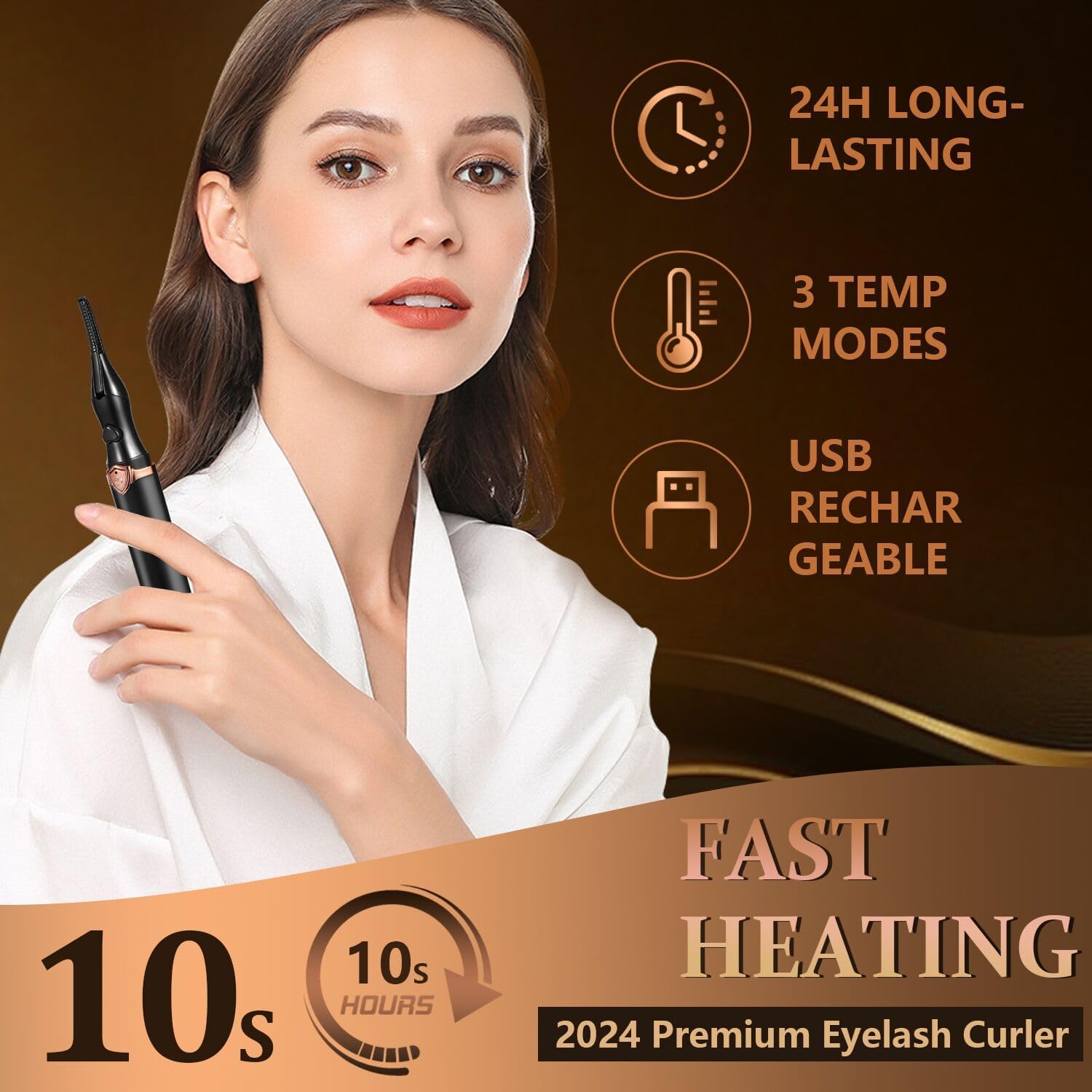 Heated Eyelash Curler USB Rechargeable 3 Heat Modes for Long-Lasting Curls Brown Black - Image 3