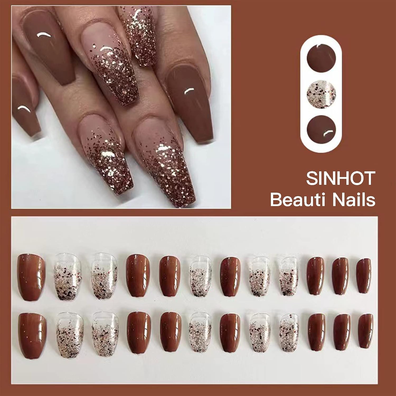 SINHOT Medium Brown Gradient Glossy Ballerina Press on Nails 24 pcs Acrylic with Glitter - Image 6