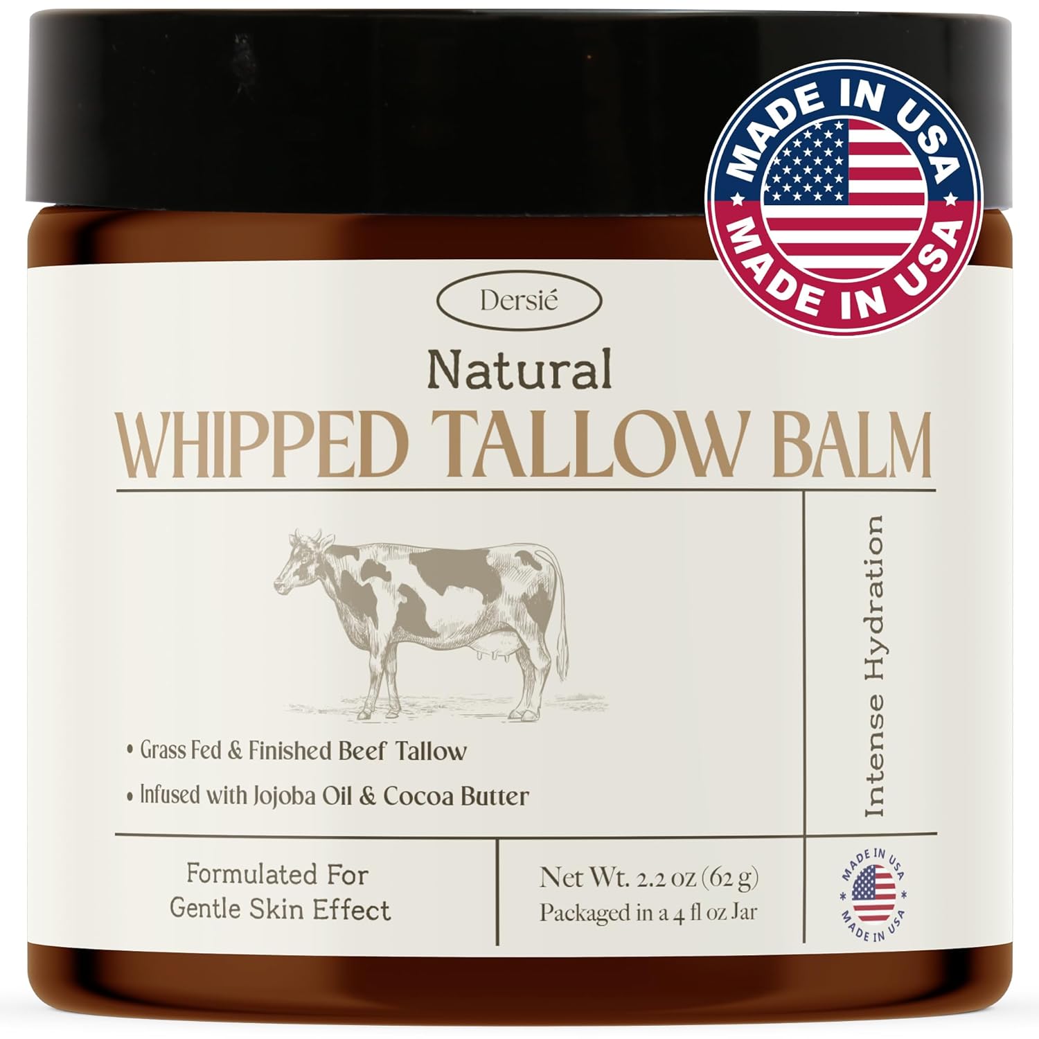 Dersie Organic Beef Tallow for Skin: 100% Grass-Fed Whipped Tallow Balm for Deep Hydration & Anti-Aging – Suitable for Dry, Sensitive & Mature Skin, Safe for Kids & Babies (Made in USA)