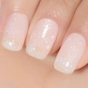YTD Likomey Brocade Glitter Nude Iridescent Gel Nail Polish,15ml Milky White Shimmer Jelly Translucent Neutral Holographic Sparkly Flakes Home DIY UV Nail Art Varnish,SF347