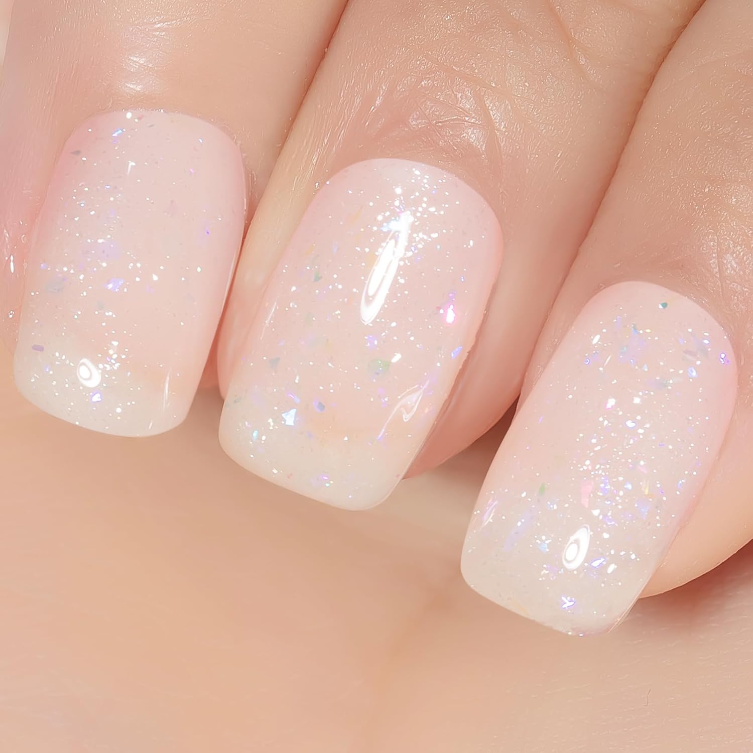 YTD Likomey Brocade Glitter Nude Iridescent Gel Nail Polish,15ml Milky White Shimmer Jelly Translucent Neutral Holographic Sparkly Flakes Home DIY UV Nail Art Varnish,SF347