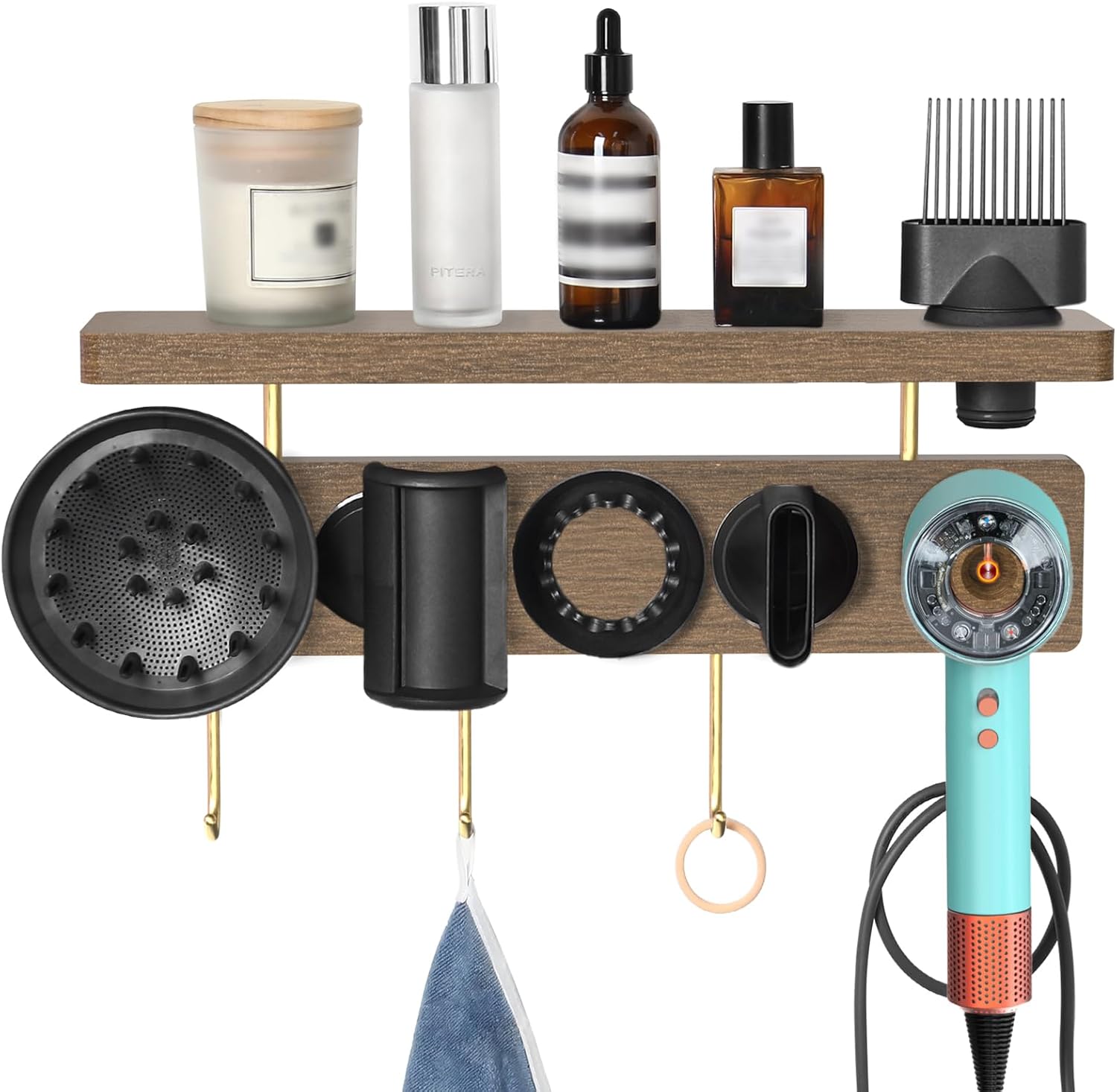 Affogato Hair Dryer Wall Mount Holder Compatible with Dyson Supersonic, HD16 Blow Dryer Accessories and Attachments Organizer Storage Rack for Bathroom Bedroom, Wood