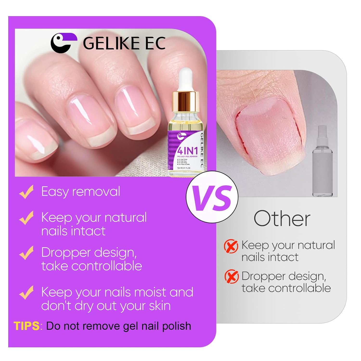 Gentle 4-in-1 Nail Remover Oil 15ml Acetone Free for Gelike EC Press on Nails - Image 5