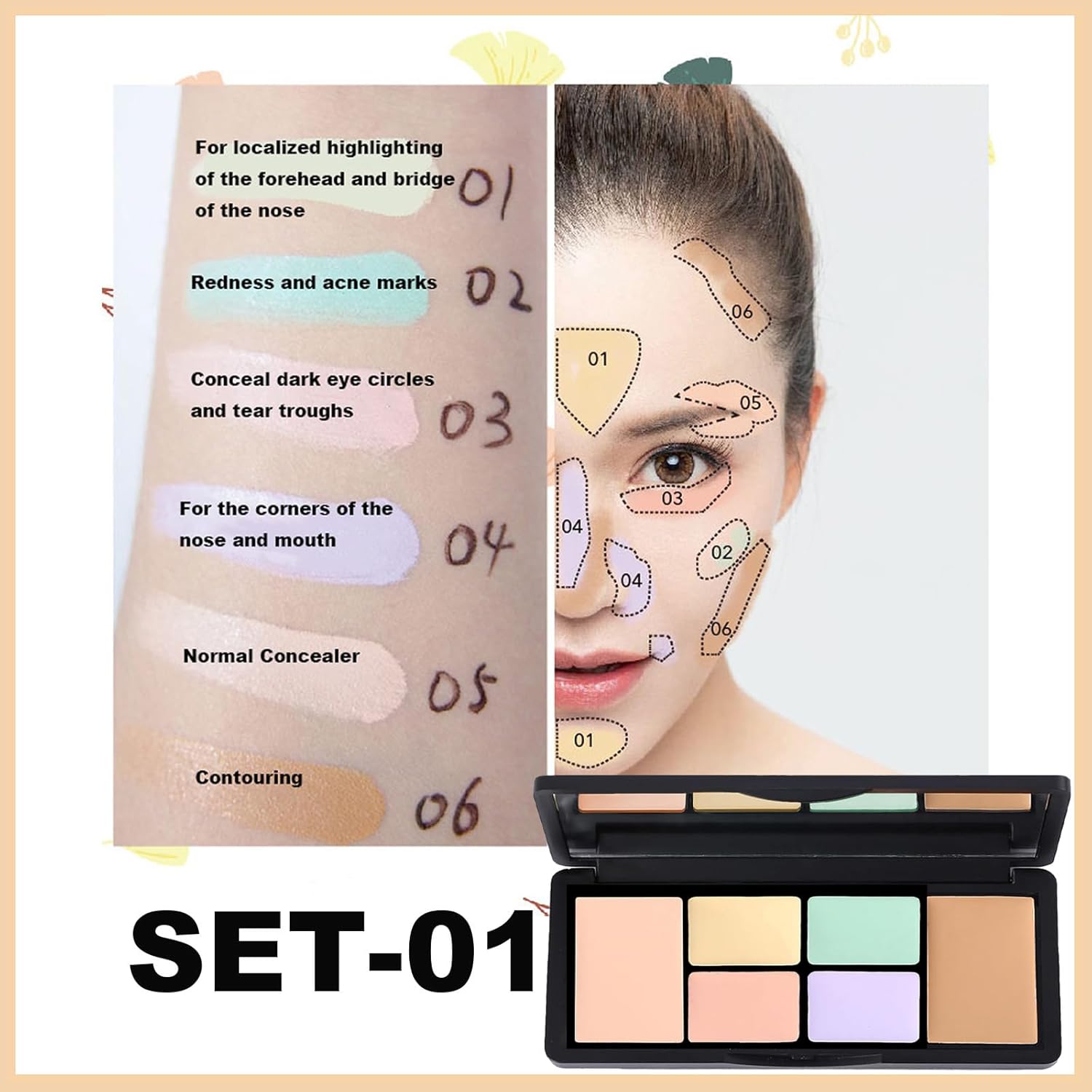 6-Color Correcting Concealer Palette for Dark Circles and Blemishes with 2 Included Brushes - Image 3