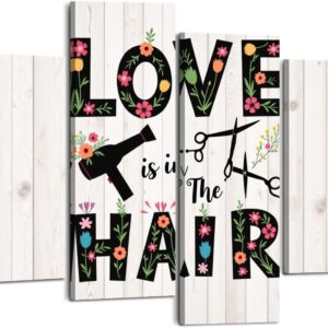 Weone Artwork 4 Panel Canvas Wall Art Love Hair Vintage Hairdresser Tools Dryer Scissors Colorful Flowers Stretched & Framed Art Prints Modern Painting Wall Decoration Ready to Hang Unique Designed